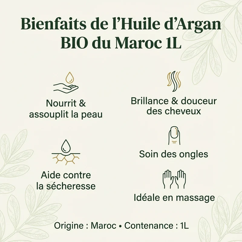 Huile d'Argan 100% Naturel du Maroc 1L – Corps & Cheveux