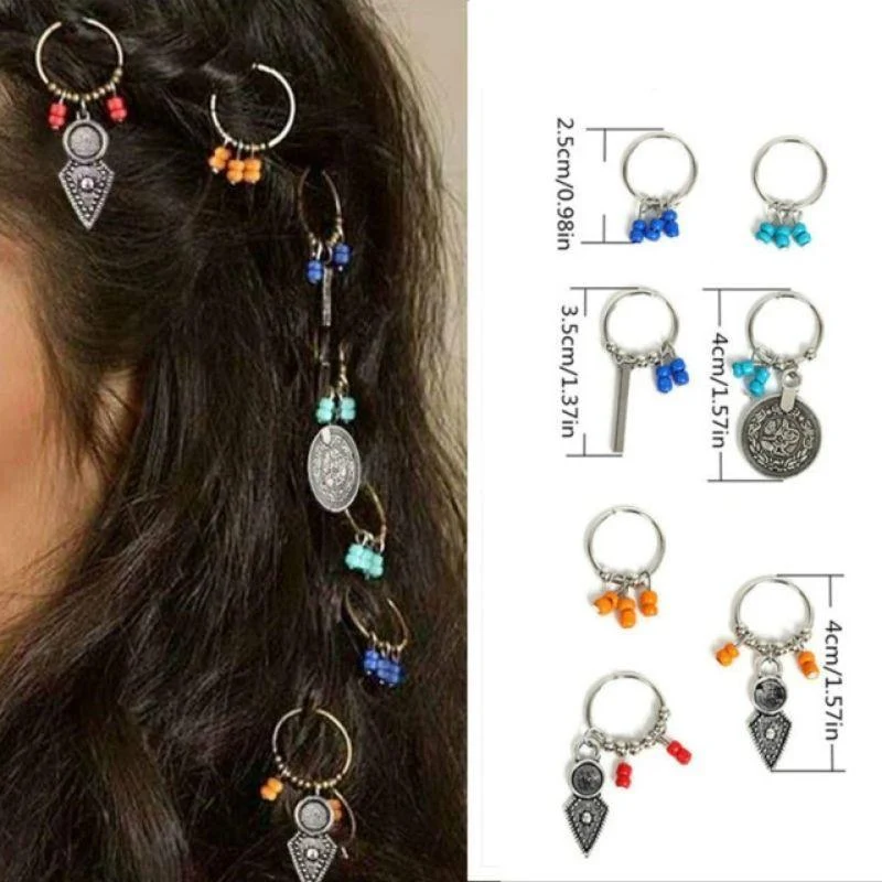 7 bagues cheveux anneaux argents fantaisies perles colorées