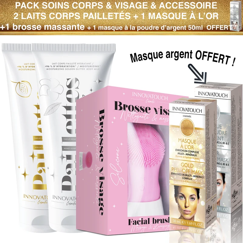 Pack Soins Accessoire Corps & Visage Laits Corps Pailletés Abricot & Monoï + Brosse massante + Masque à l'or 50ml + 1 Masques Peel-Off argent 50ml Offert