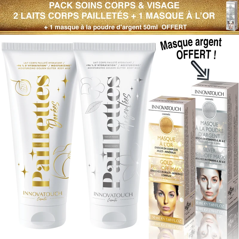 Pack Soins Corps & Visage Laits Corps Pailletés Abricot & Monoï + Masque à l'or 50ml + 1 Masques Peel-Off argent 50ml Offert