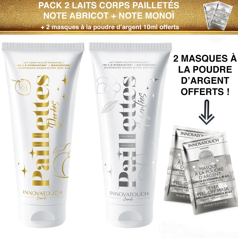 Pack Laits Corps Pailletés Abricot & Monoï avec 2 Masques Peel-Off argentés Offerts